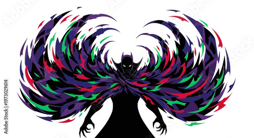Mysterious Silhouette Figure with Vibrant, Abstract Wings