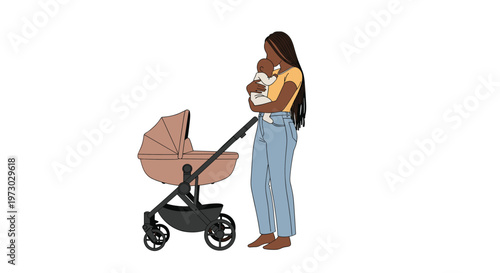 Caring mother tenderly holds her baby in her arms while standing next to a modern pram stroller against a white background.