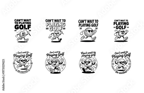 Golf Ball Character Vintage Cartoon Style Icons vector illustration