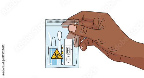 Person of color holds a transparent plastic bag containing a medical self-test kit with a swab, dropper, and testing device.