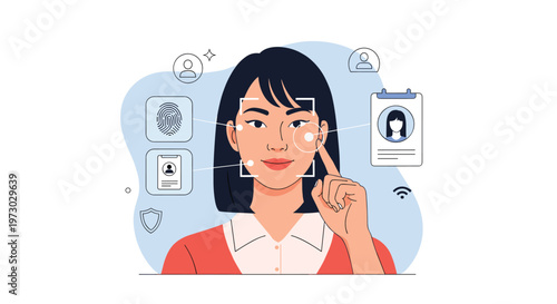 Young woman undergoes a facial recognition scan for identity verification with various digital security icons floating around her.
