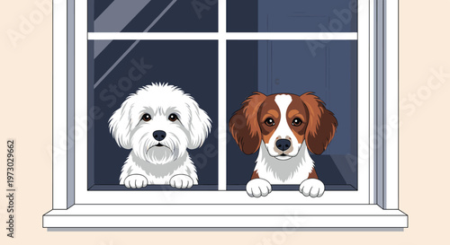 Two curious dogs, one white and one brown and white, peer out from the bottom of a white window frame into the night.