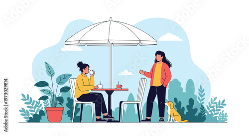 Two friends enjoy a conversation at an outdoor cafe table under a large umbrella with a small dog sitting nearby.