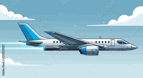 Vector illustration of a commercial jet plane flying in a blue sky.