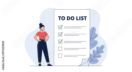 Determined woman stands next to a giant paper to-do list with several items already checked off for productivity.