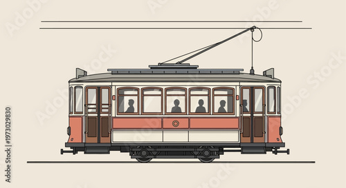 Minimalist illustration of a vintage electric tram with passengers