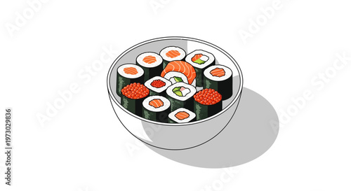 Illustration of a white bowl filled with assorted sushi rolls and fresh seafood