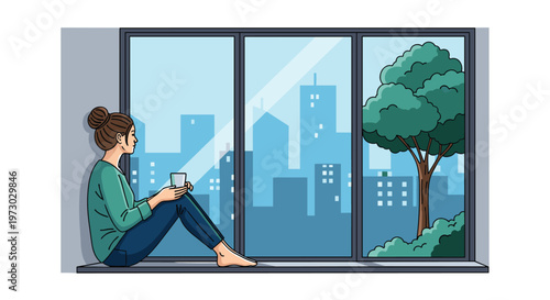 Young woman sits comfortably on a wide windowsill with a cup of coffee while gazing at the urban city skyline outside.