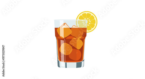 Refreshing iced tea in a glass with a lemon slice on white background.