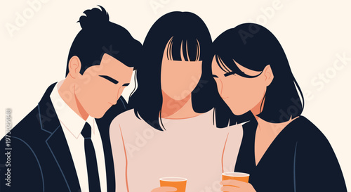 Close portrait of three young friends standing closely together while looking down in a moment of shared contemplation.