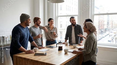 Colleagues gathered around a wooden table in a modern office discussing business