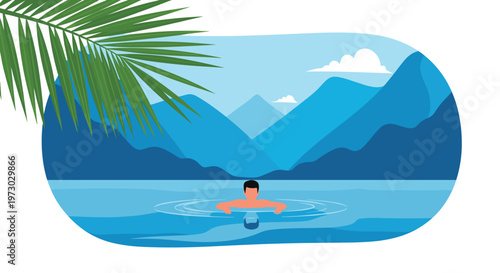 Man swims peacefully in a calm blue lake surrounded by majestic mountain ranges under a clear sky with palm leaves.