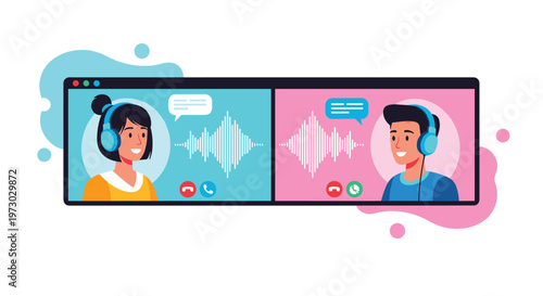 Man and woman participate in a virtual meeting via video conferencing on a computer screen featuring voice waveforms and communication icons.