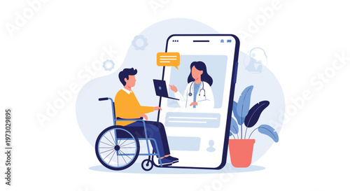 Disabled man in a wheelchair utilizes a mobile application for a remote medical consultation with a professional female doctor on a smartphone.