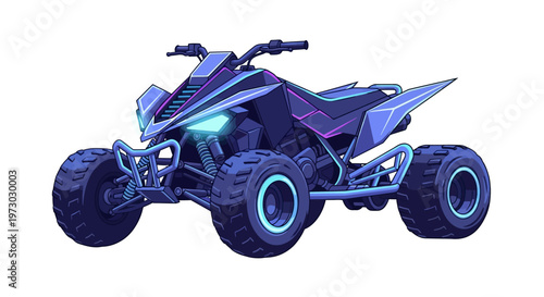 Stylized all-terrain vehicle illustration in neon blue and purple colors.
