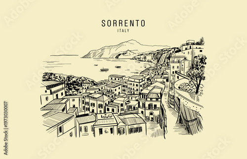 Sorrento Italy coastal town sketch with text village