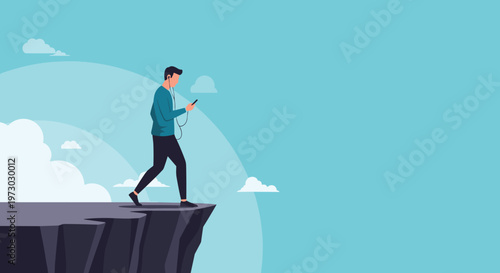 Distracted man continues to walk toward a dangerous cliff edge while completely absorbed in his smartphone and listening to music on earbuds.