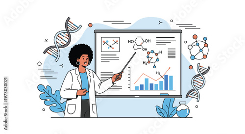 Female scientist in a lab coat provides an educational presentation using a whiteboard filled with complex chemical formulas and data charts.