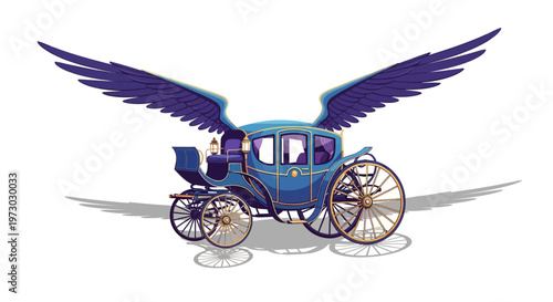 A blue carriage with large wings appears to be flying.