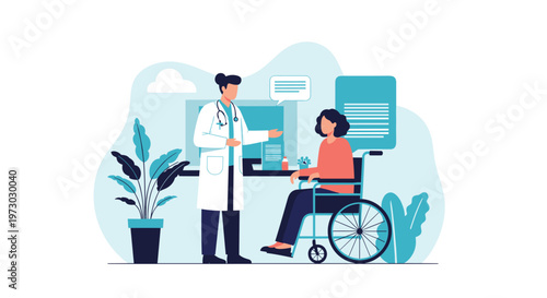 Dedicated female doctor in a white medical coat discusses a health plan with a woman sitting in a wheelchair during a hospital appointment.