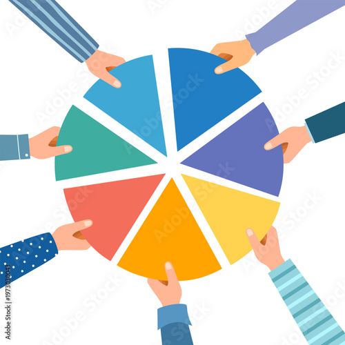 Hands holding pie chart diagram parts in different color. Business data graph or market share vector illustration.