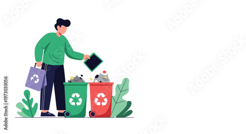 Environmentally conscious man sorts various types of waste into designated green and red recycling bins to promote sustainable living habits.