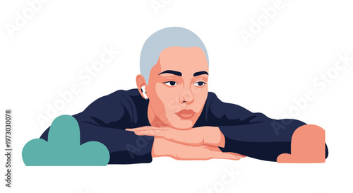 Thoughtful young woman with silver hair rests her chin on her hands while wearing wireless headphones and looking forward with focus.