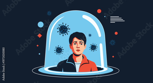 Anxious young man feels trapped inside a protective glass dome while being surrounded by floating virus particles in a dark environment.