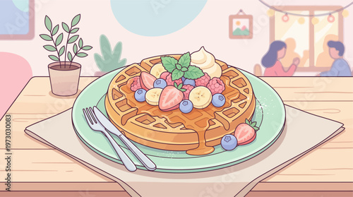 A delicious breakfast featuring a waffle with fruits on a table indoors