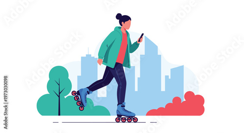 Active young woman rollerblading along a city path while focused on her smartphone screen with tall city buildings in the hazy background.