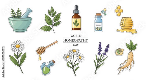 Illustrations of homeopathy concepts and natural remedies for World Homeopathy Day with herbal medicine and holistic health elements.