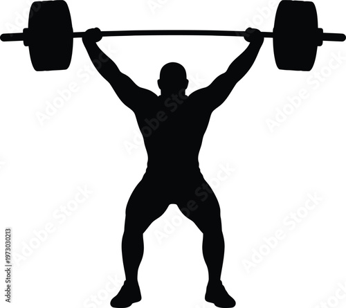 Silhouette of a muscular man performing a weightlifting clean and jerk lift with a barbell overhead isolated on transparent background