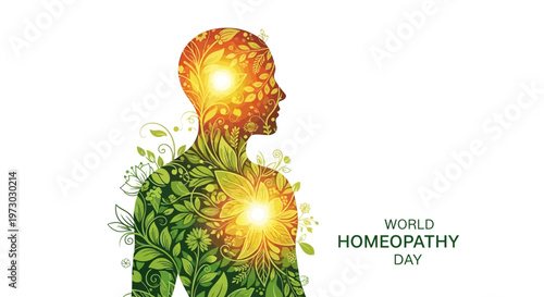 Illustration of a human silhouette with a glowing head and green herbal elements on World Homeopathy Day, symbolizing natural healing and holistic health concepts.