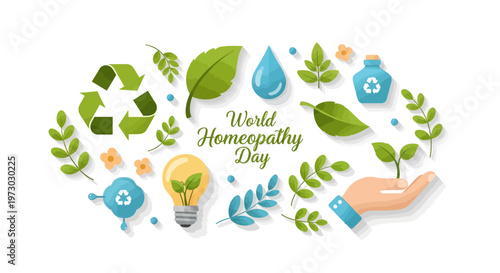 Vector illustration of a World Homeopathy Day design with natural elements, light bulb, and recycling symbols on a white background, conveying a holistic health concept.