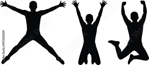 Three dynamic silhouettes of people in energetic poses expressing joy and movement isolated on transparent background