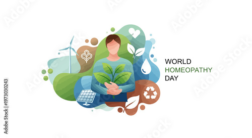 Illustration of a person holding a plant on World Homeopathy Day with eco-friendly and holistic health symbols around them.