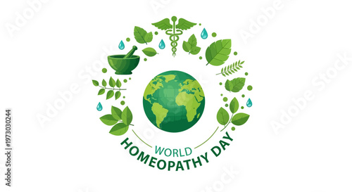 Illustration of a green globe surrounded by leaves and herbs, celebrating World Homeopathy Day with a natural and holistic health concept.
