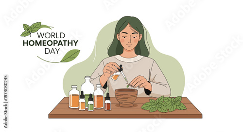 Illustration of a woman preparing herbal medicine in a mortar with pestle on World Homeopathy Day, surrounded by bottles and green herbs on a wooden table.