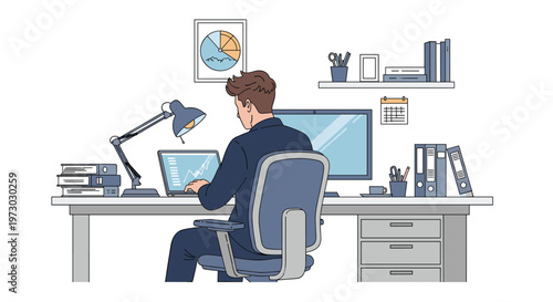 Young man sits at a tidy desk in a modern home office working on a laptop with a large monitor and organized bookshelves in the room.