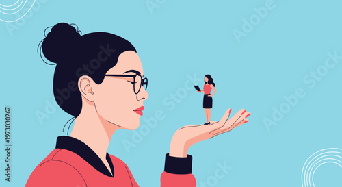 Conceptual illustration of a woman looking at a miniature businesswoman standing on her palm representing mentoring and career growth.