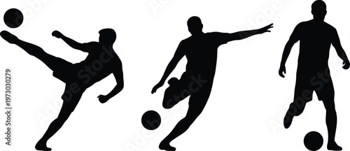 Dynamic silhouette of three soccer players in action on a white background kicking and controlling the ball