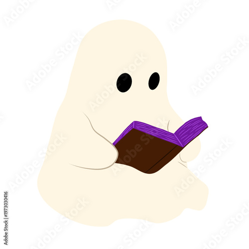 Cartoon illustration of a ghost, reading an open, purple-paged book.