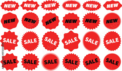 Collection of vibrant red starburst labels announcing new sales and offers