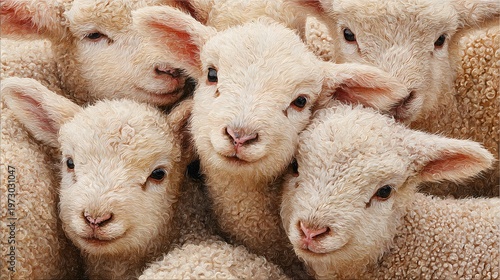 Close up fluffy newborn lambs covered in white flocking material for artificial snow effect