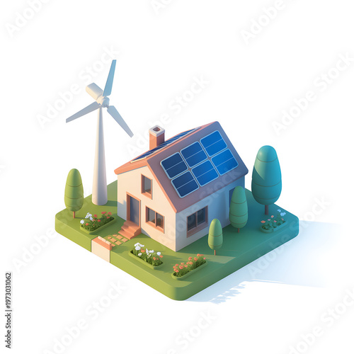 A 3D illustration of a house with solar panels and a wind turbine on a green lawn