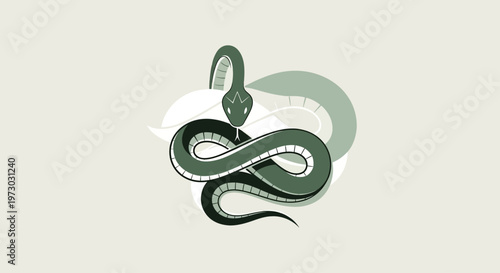 Stylized green snake coiled and looking forward with abstract shapes