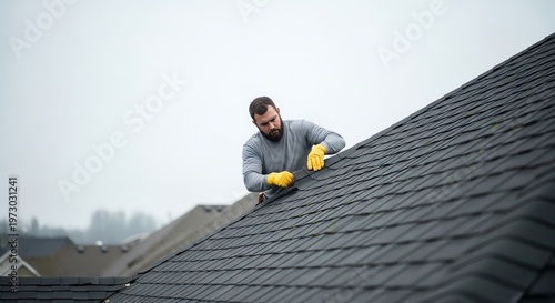 Roofer Installing New Dark Shingles on a Residential House Roof