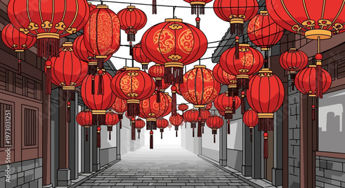 Traditional red Chinese lanterns hanging over a narrow street in an old town.