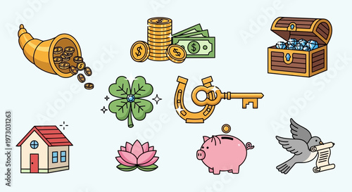Collection of good luck and financial symbols