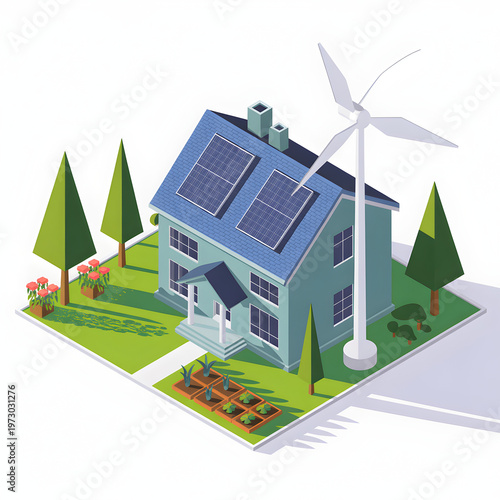 A modern house with solar panels and a wind turbine in a serene natural setting with trees and a garden